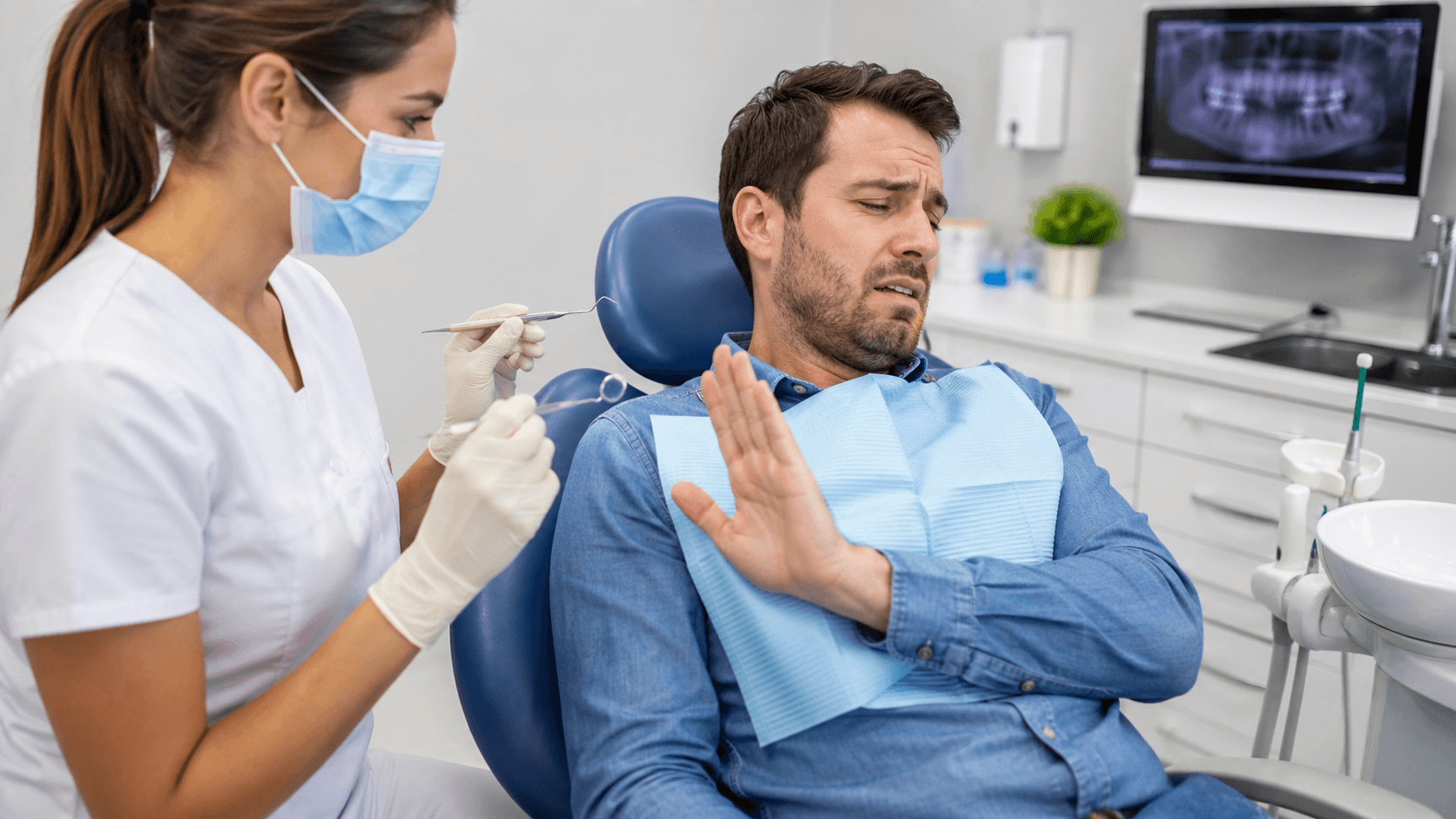 Male dental patient refusing deep cleaning.